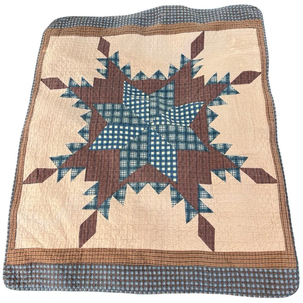 Handmade Primitive Star Patchwork Quilt Brown Blue Farmhouse Lap Throw 48x58